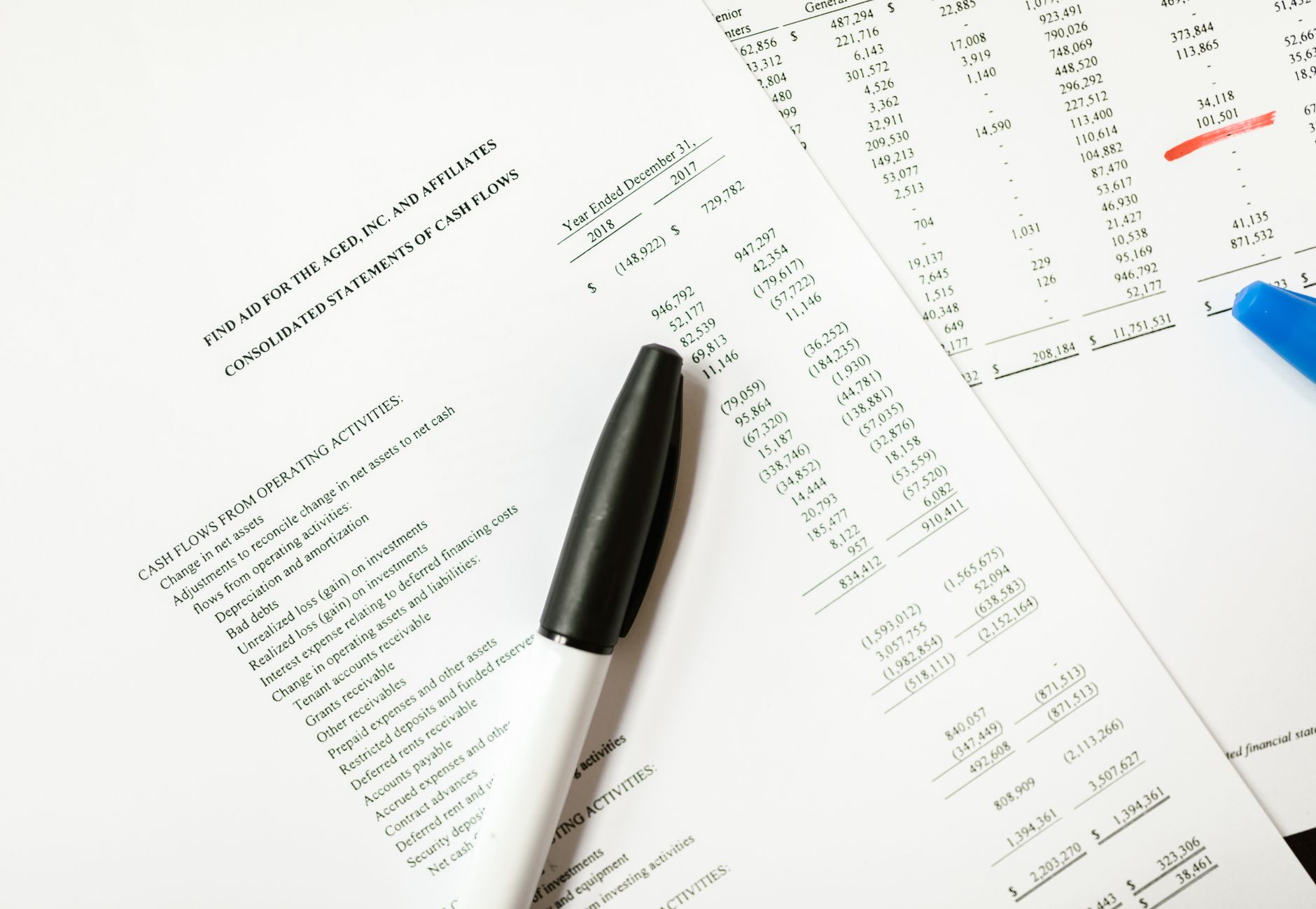 Financial documents featuring cash flows and pens, ideal for business themes and analysis.